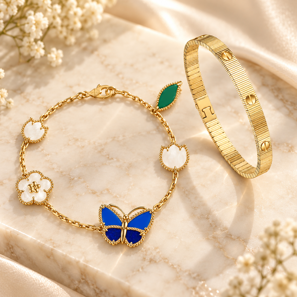 [NOBLE AURA] Lucky Spring Butterfly 5-Motif & LOVE Unlimited Bracelet Stack Set