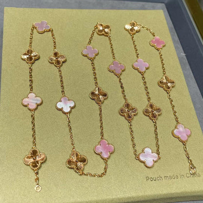 [NOBLE AURA]CLOVER 20 MOTIFS LASER PINK MOP NECKLACE