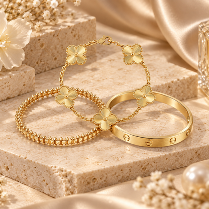 [NOBLE AURA] CLASH & Clover Laser 5-Motif & LOVE Brushed Bracelet Stack Set