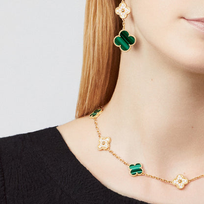 [NOBLE AURA]CLOVER 10 MOTIFS MALACHITE DIAMOND NECKLACE