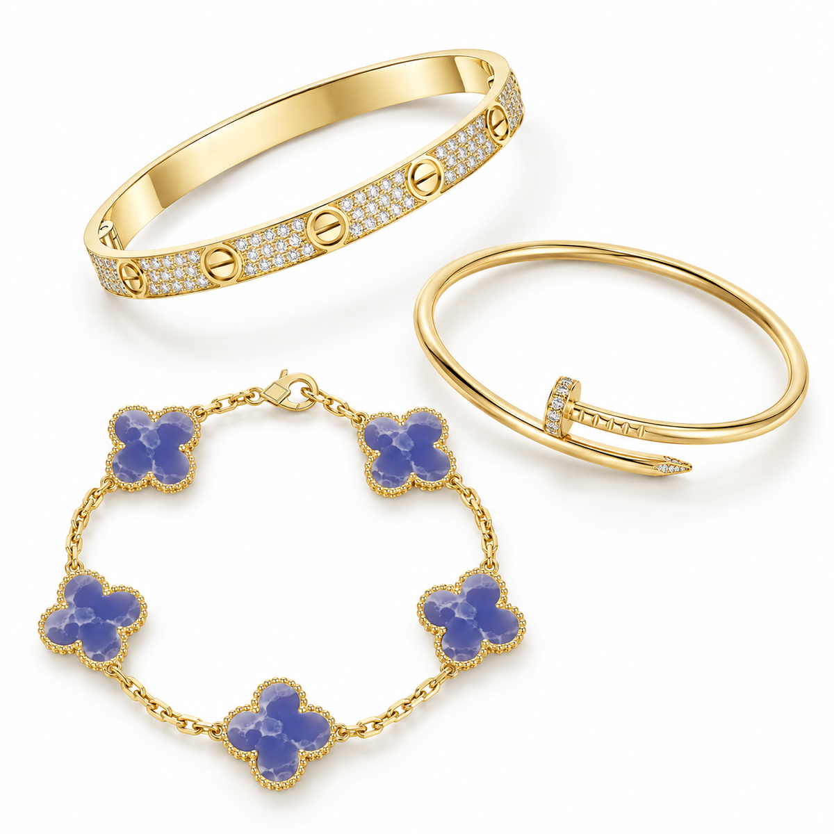 [NOBLE AURA] LOVE & JUSTE & Blue Veins Clover 5-Motif Diamond Bracelet Stack Set