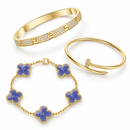 [NOBLE AURA] LOVE & JUSTE & Blue Veins Clover 5-Motif Diamond Bracelet Stack Set