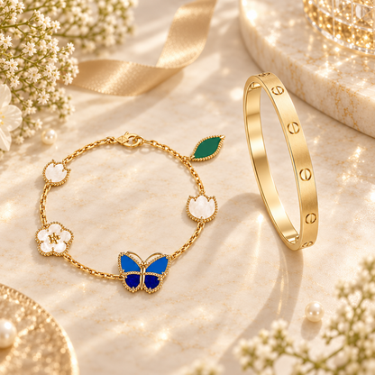 [NOBLE AURA] LOVE Brushed & Lucky Spring Butterfly 5-Motif Bracelet Stack Set