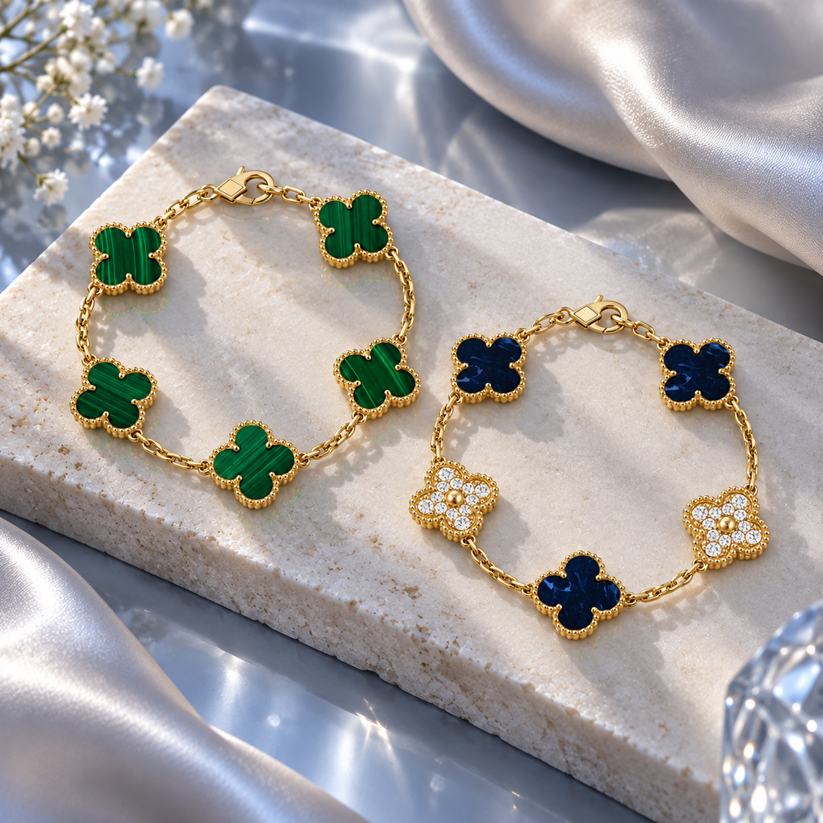 [NOBLE AURA]Clover 5-Motif Malachite & Pietersite Bracelet Stack Set