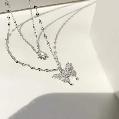 s925 Double Butterfly Pendant Stacked Necklace