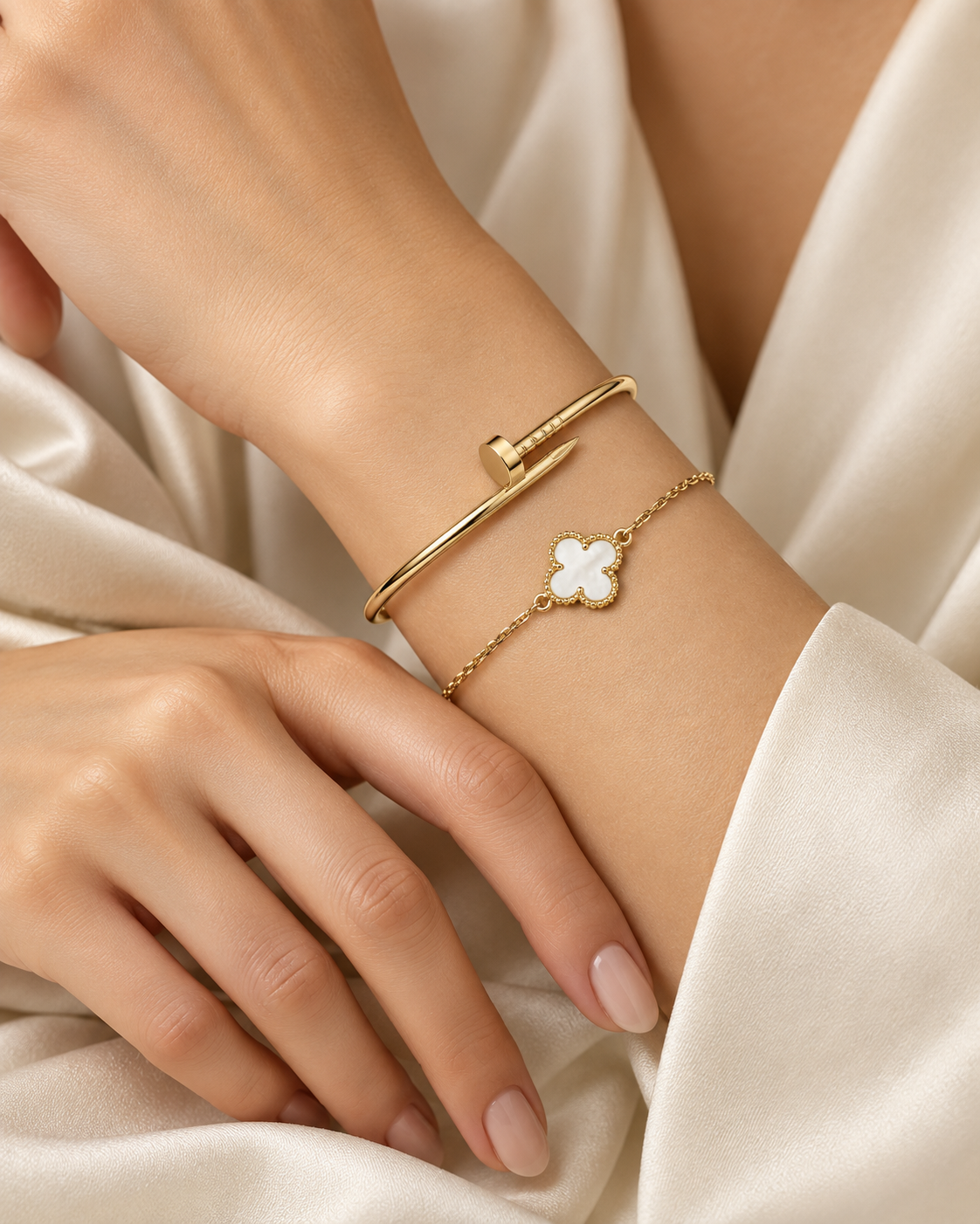 [NOBLE AURA] Clover White Mother-of-Pearl & JUSTE Bracelet Stack Set