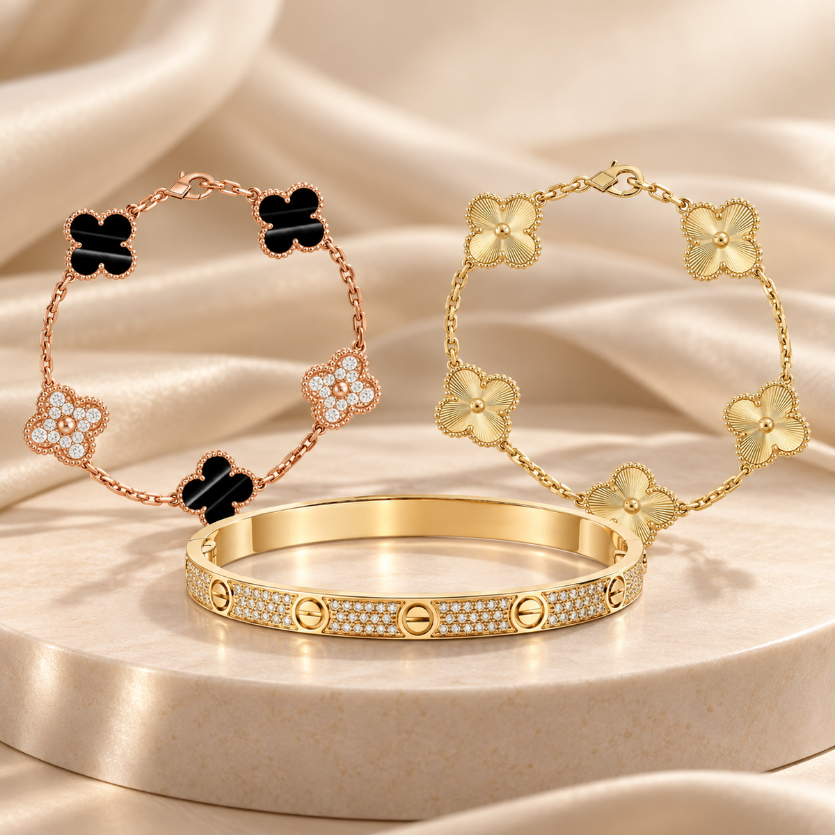 [NOBLE AURA]Clover Laser  Pulsar Stone 5-Motif & LOVE Diamond-Paved Bracelet Stack Set
