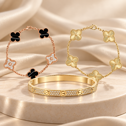 [NOBLE AURA]Clover Laser  Pulsar Stone 5-Motif & LOVE Diamond-Paved Bracelet Stack Set