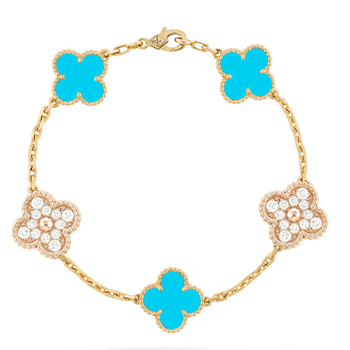 [NOBLE AURA]CLOVER 5 MOTIF TURQUOISE DIAMOND GOLD BRACELET