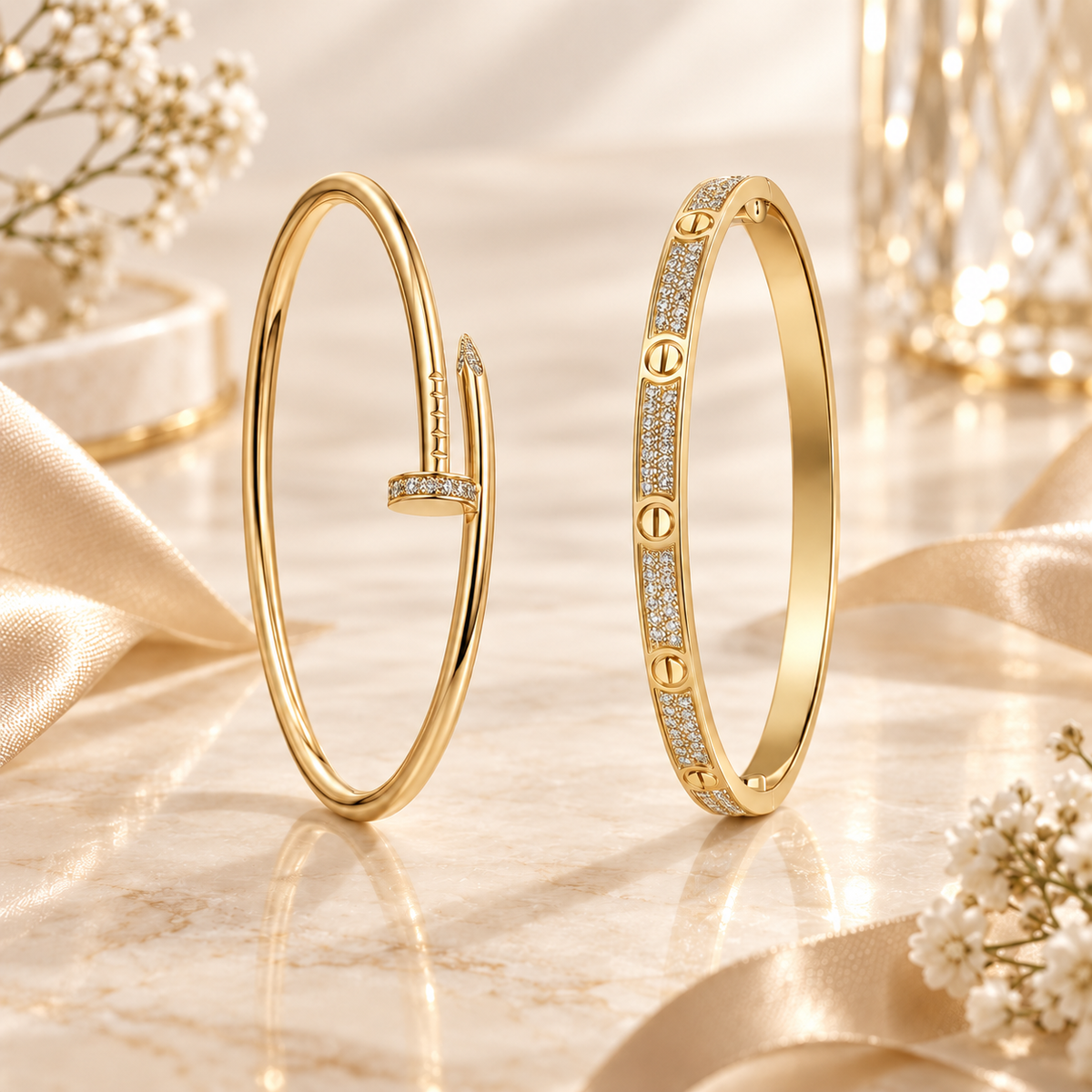 [NOBLE AURA] JUSTE Diamond & LOVE Diamond-Paved Bracelet Stack Set