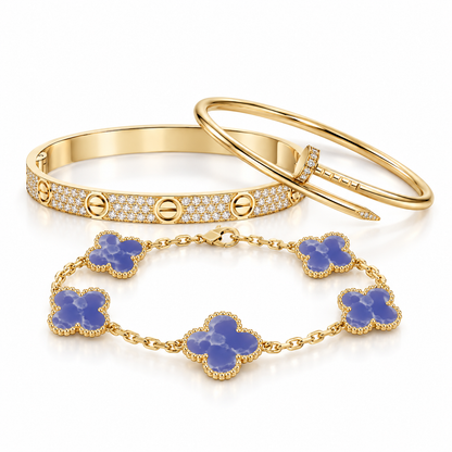 [NOBLE AURA] LOVE & JUSTE & Blue Veins Clover 5-Motif Diamond Bracelet Stack Set