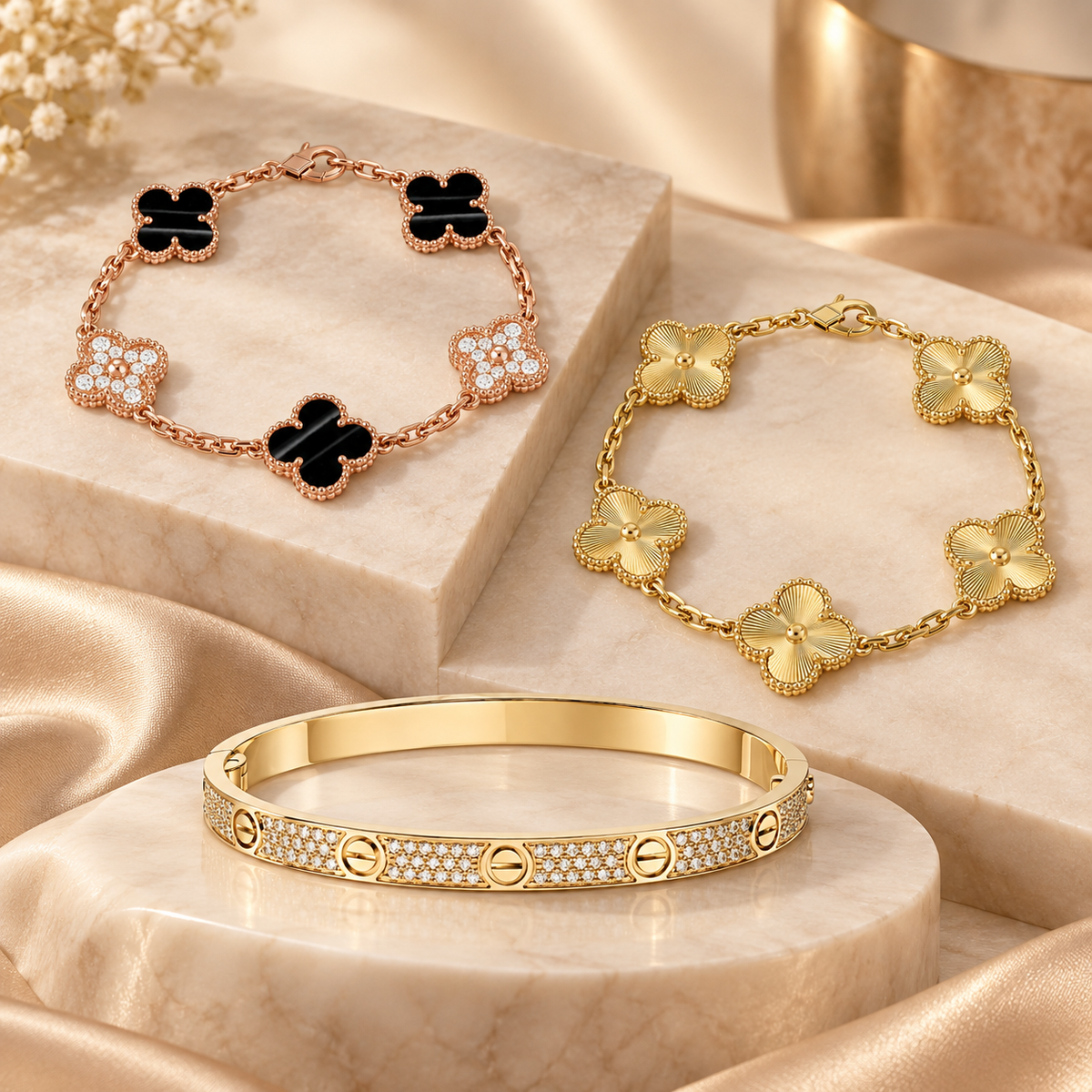 [NOBLE AURA]Clover Laser  Pulsar Stone 5-Motif & LOVE Diamond-Paved Bracelet Stack Set