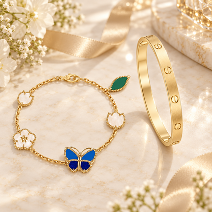 [NOBLE AURA] LOVE Brushed & Lucky Spring Butterfly 5-Motif Bracelet Stack Set