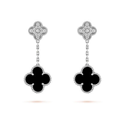 [NOBLE AURA]CLOVER 2 MOTIFS  DIAMOND ONYX EARRINGS SILVER