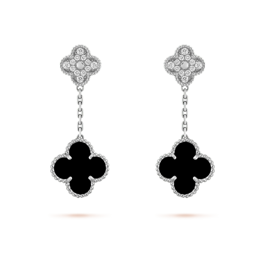 [NOBLE AURA]CLOVER 2 MOTIFS  DIAMOND ONYX EARRINGS SILVER