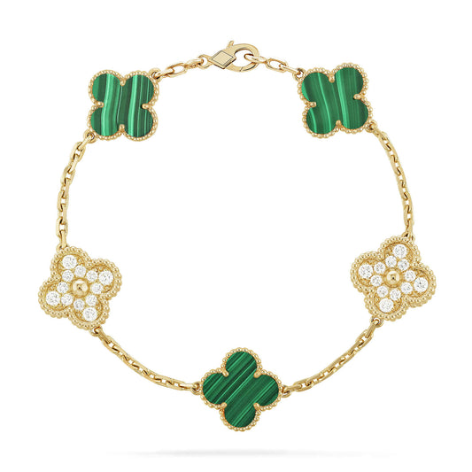 [NOBLE AURA]CLOVER  5 MOTIF MALACHITE DIAMOND BRACELET