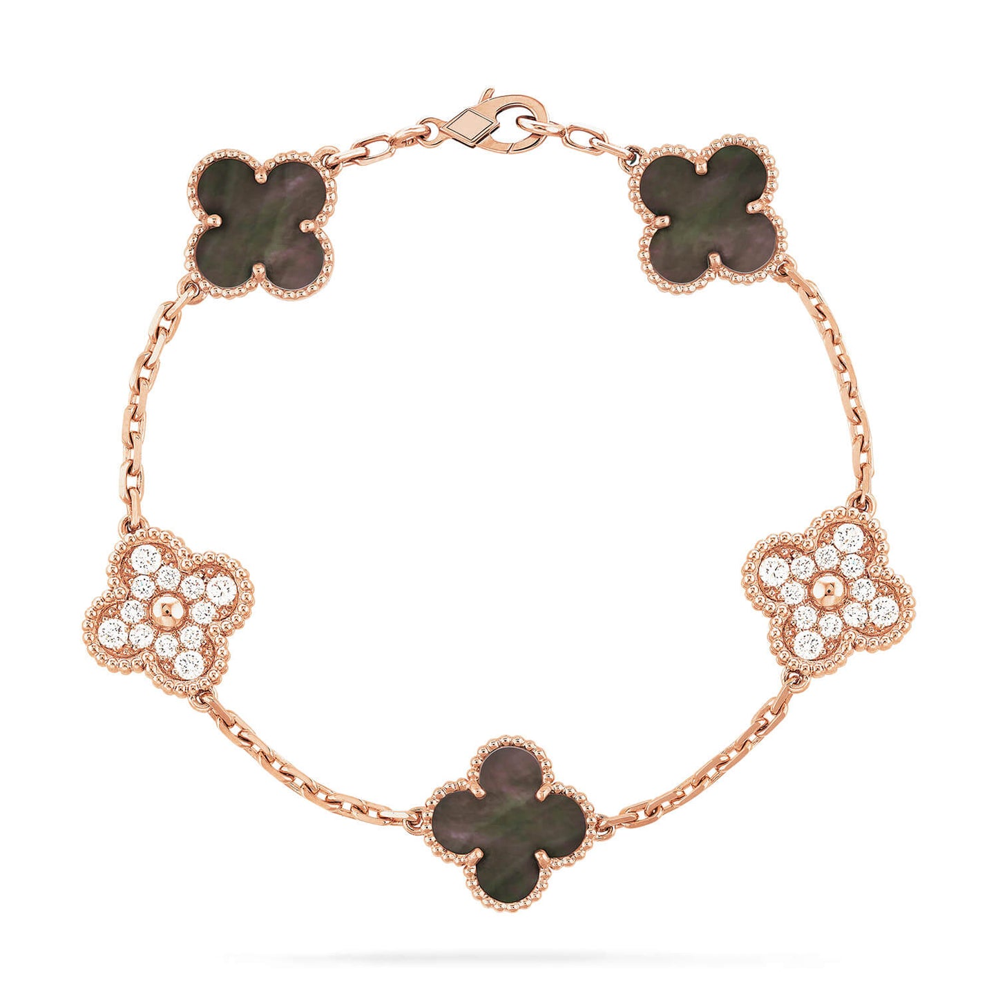 [NOBLE AURA]CLOVER 5 MOTIFS DARK MOP AND DIAMONDS PINK GOLD BRACELET