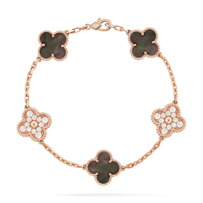 [NOBLE AURA]CLOVER 5 MOTIFS DARK MOP AND DIAMONDS PINK GOLD BRACELET