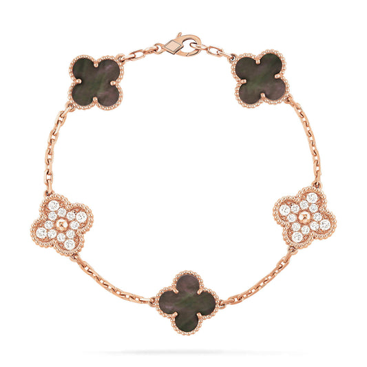 [NOBLE AURA]CLOVER 5 MOTIFS DARK MOP AND DIAMONDS PINK GOLD BRACELET