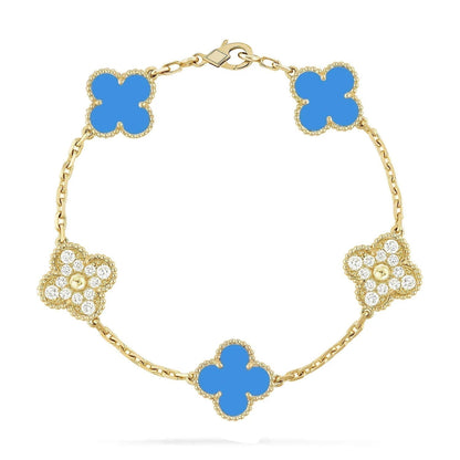 [NOBLE AURA]CLOVER 5 MOTIF BLUE CHALCEDONY DIAMOND GOLD BRACELET