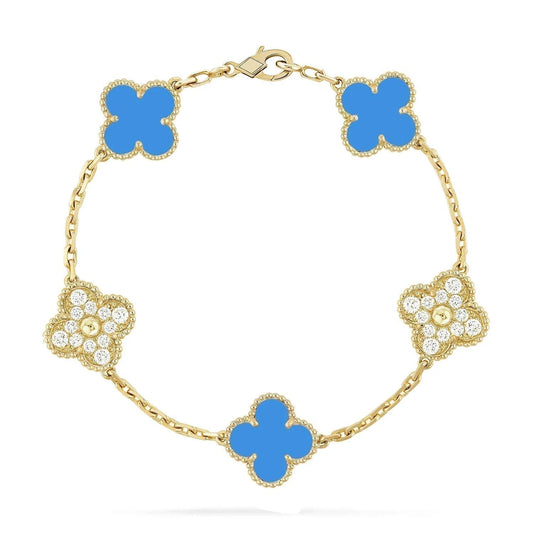 [NOBLE AURA]CLOVER 5 MOTIF BLUE CHALCEDONY DIAMOND GOLD BRACELET