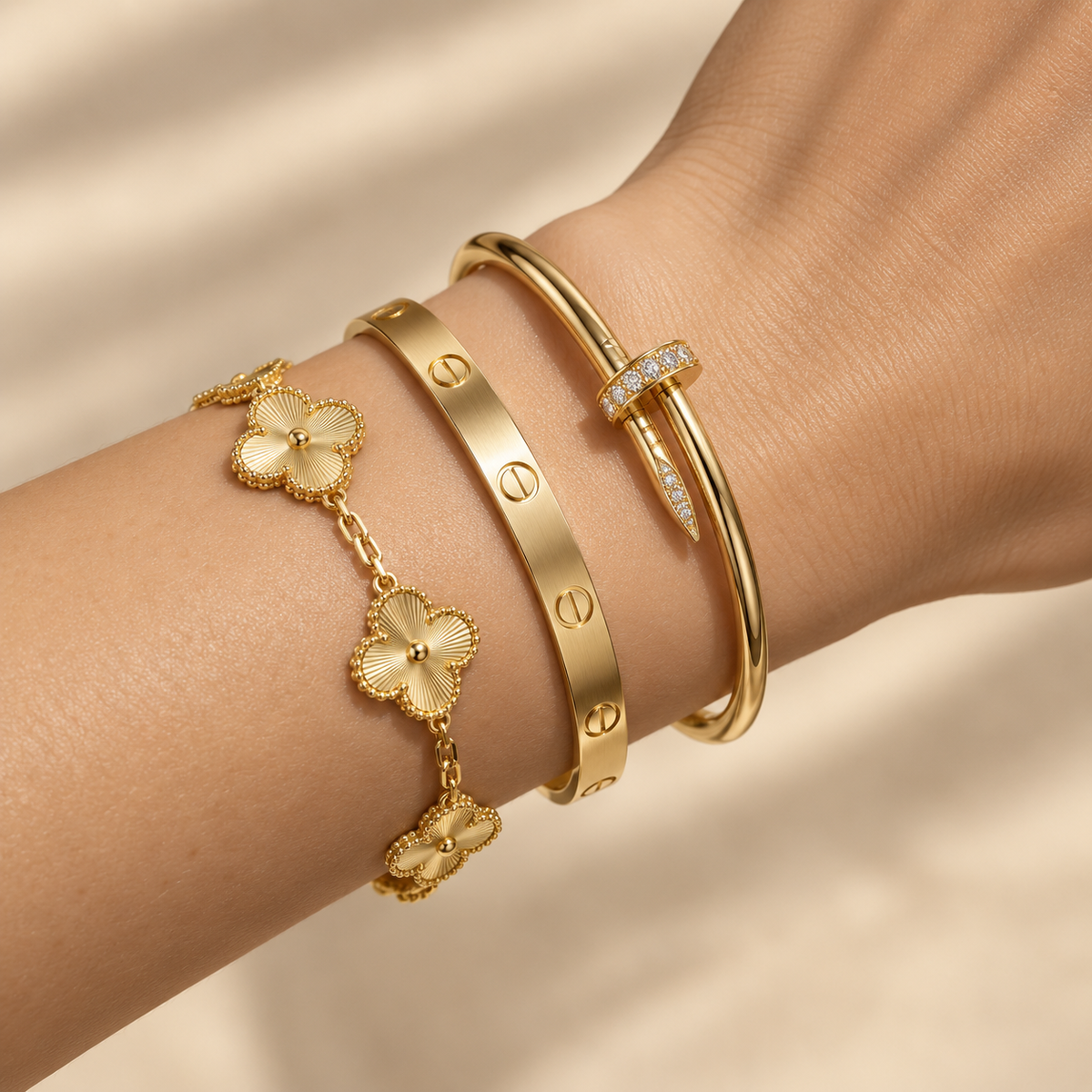 [NOBLE AURA] Clover & Love & Juste 3-Piece Gold Bracelet Stack Set