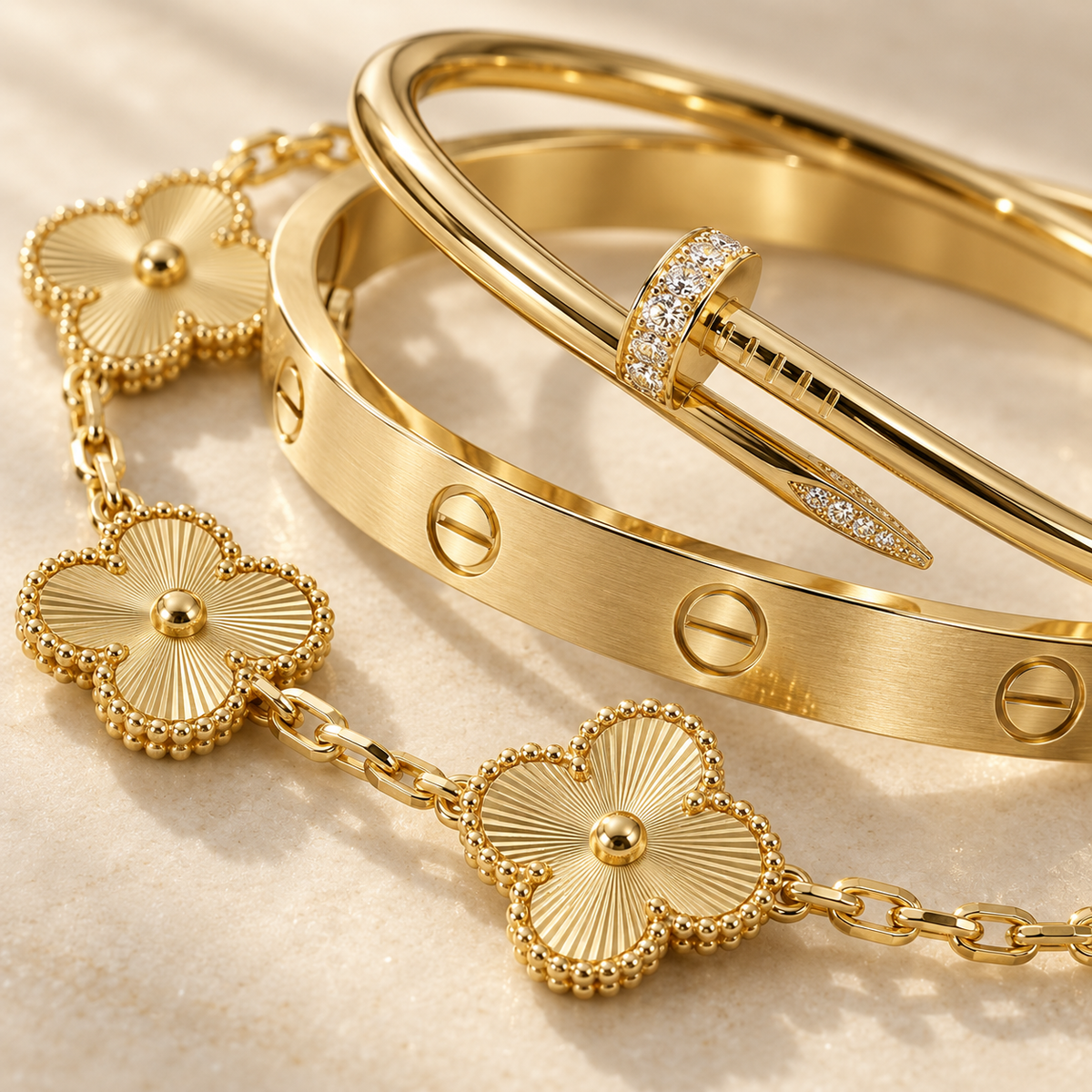 [NOBLE AURA] Clover & Love & Juste 3-Piece Gold Bracelet Stack Set