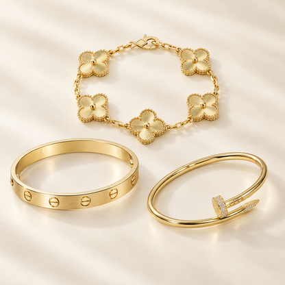 [NOBLE AURA] Clover & Love & Juste 3-Piece Gold Bracelet Stack Set