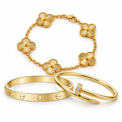 [NOBLE AURA] Clover & Love & Juste 3-Piece Gold Bracelet Stack Set