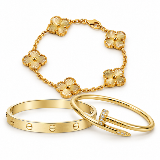 [NOBLE AURA] Clover & Love & Juste 3-Piece Gold Bracelet Stack Set
