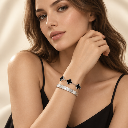 [NOBLE AURA]Clover & Love Sliver 2-Piece Bracelet Stack Set