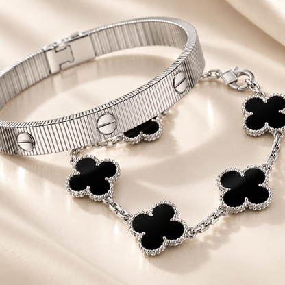[NOBLE AURA]Clover & Love Sliver 2-Piece Bracelet Stack Set