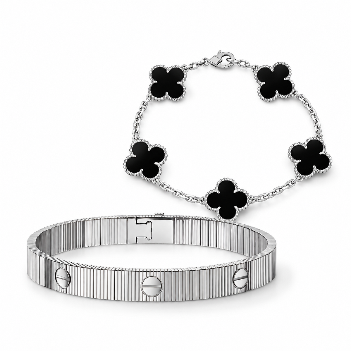 [NOBLE AURA]Clover & Love Sliver 2-Piece Bracelet Stack Set