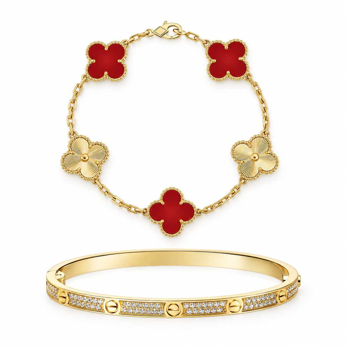 [NOBLE AURA]Clover & Love Diamond-Paved Radiant Line 2-Piece Bracelet Stack Set
