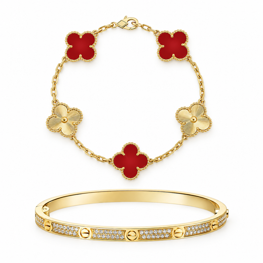 [NOBLE AURA]Clover & Love Diamond-Paved Radiant Line 2-Piece Bracelet Stack Set