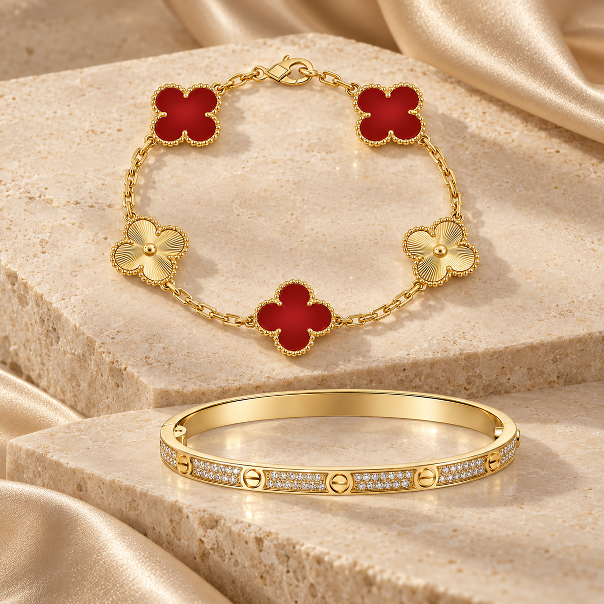 [NOBLE AURA]Clover & Love Diamond-Paved Radiant Line 2-Piece Bracelet Stack Set