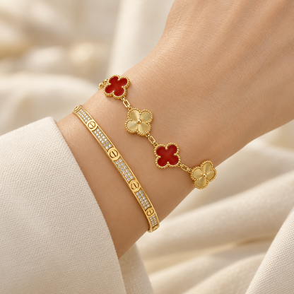 [NOBLE AURA]Clover & Love Diamond-Paved Radiant Line 2-Piece Bracelet Stack Set