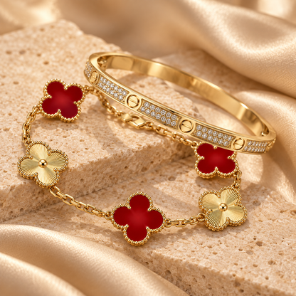 [NOBLE AURA]Clover & Love Diamond-Paved Radiant Line 2-Piece Bracelet Stack Set