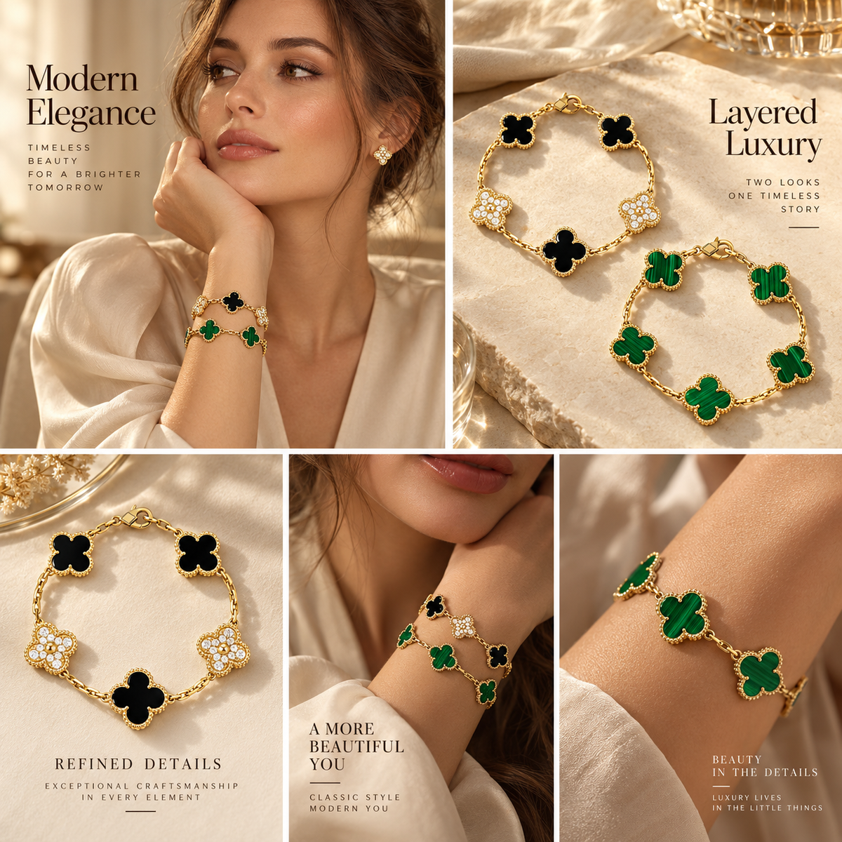 [NOBLE AURA]Clover 5 Motifs  Duo Bracelet Stack Set