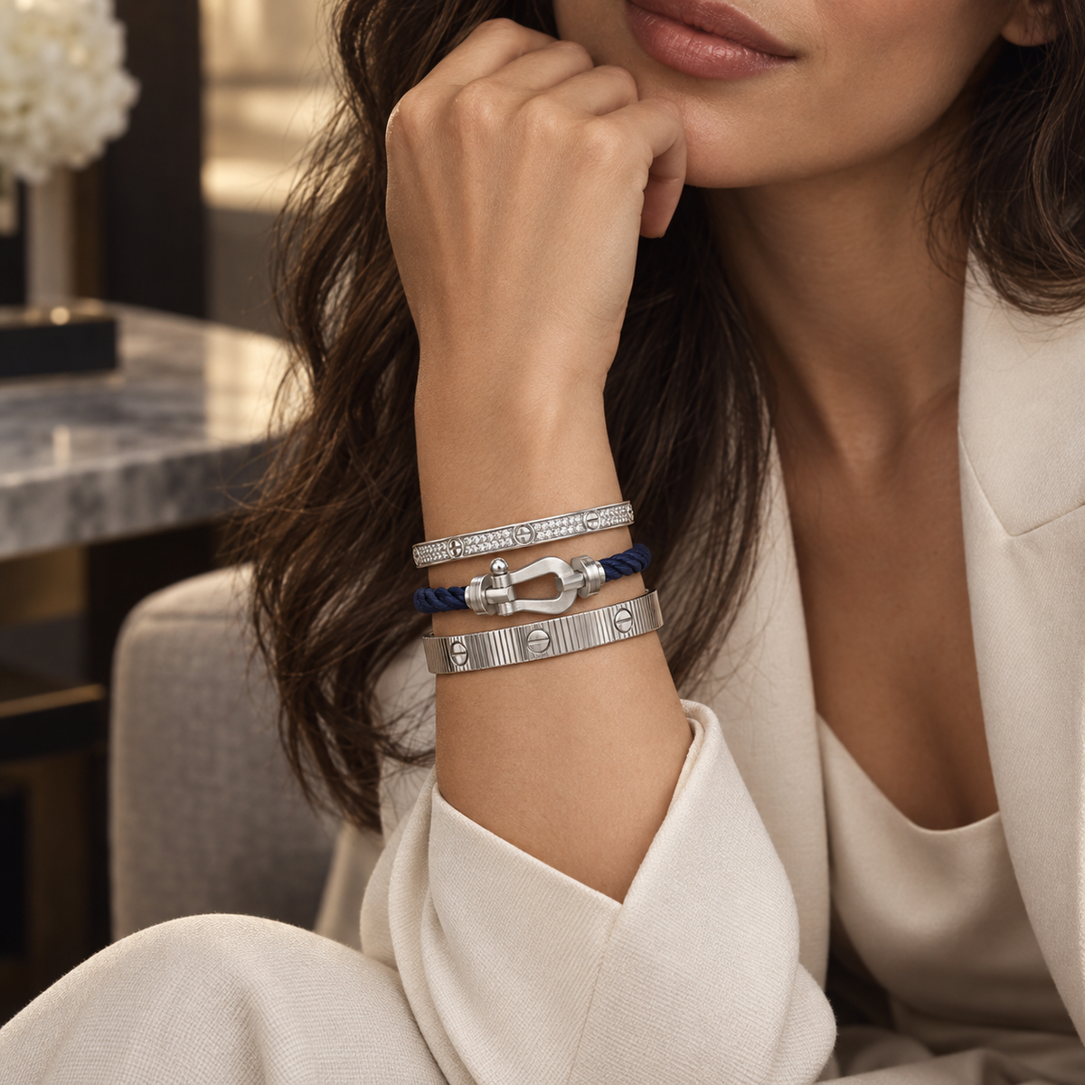 [NOBLE AURA]Love & Force Large Horseshoe Trio Bracelet Stack Set