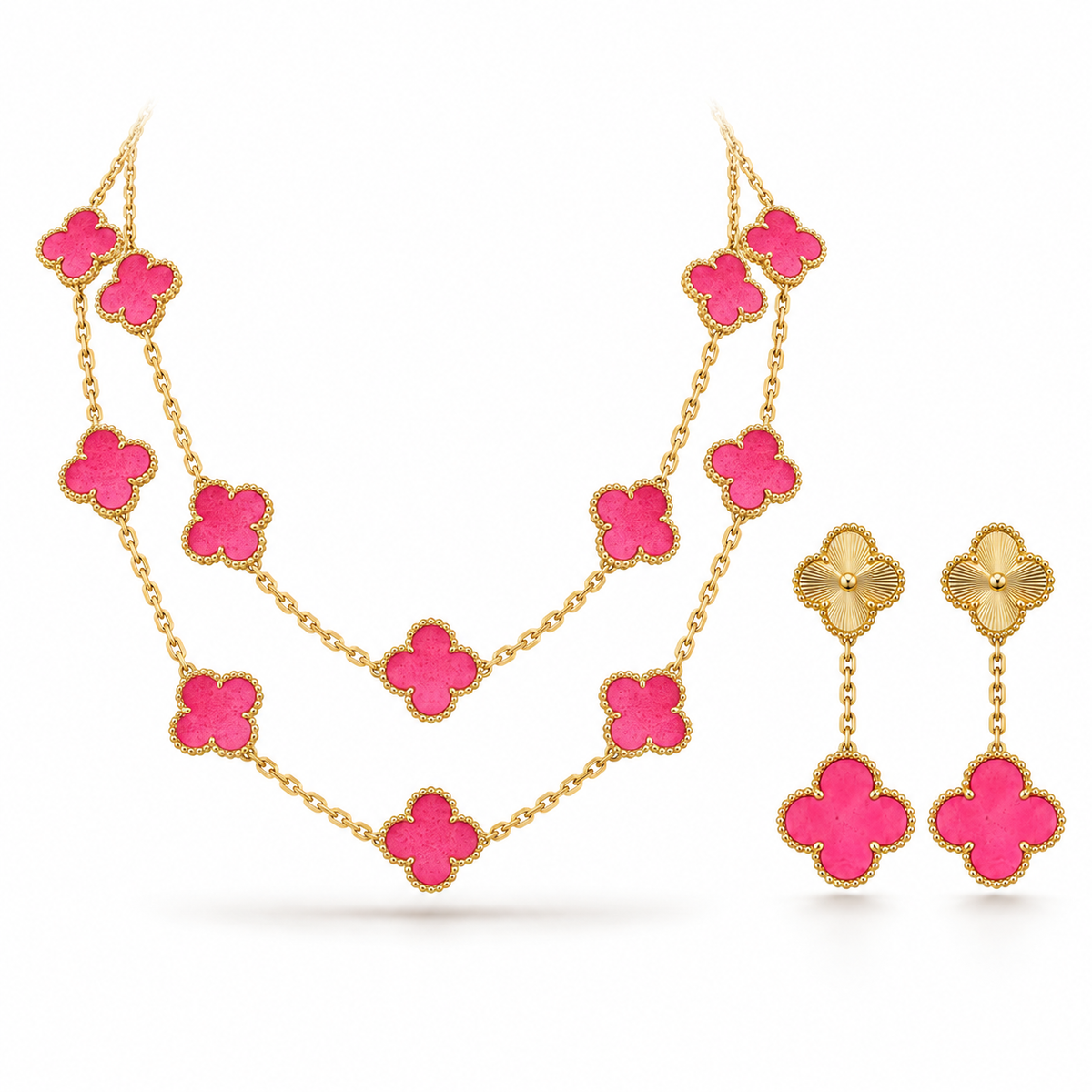 [NOBLE AURA]Clover Pink Enamel Necklace & Earring Jewelry Set