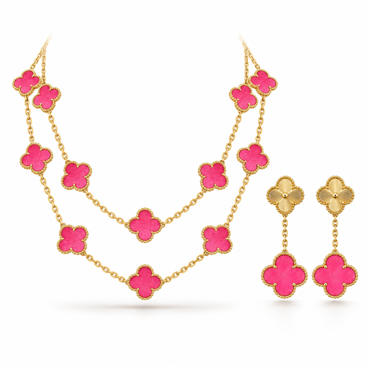 [NOBLE AURA]Clover Pink Enamel Necklace & Earring Jewelry Set