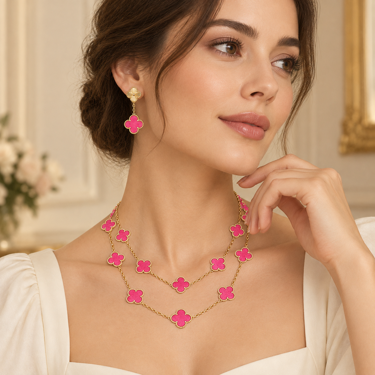 [NOBLE AURA]Clover Pink Enamel Necklace & Earring Jewelry Set