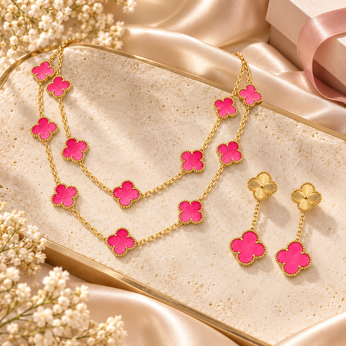 [NOBLE AURA]Clover Pink Enamel Necklace & Earring Jewelry Set