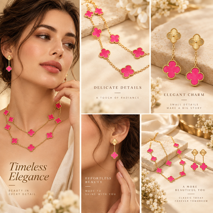 [NOBLE AURA]Clover Pink Enamel Necklace & Earring Jewelry Set