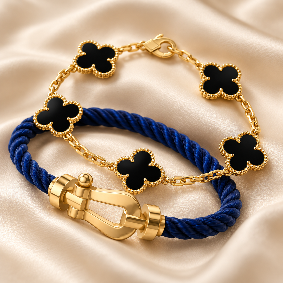 [NOBLE AURA]Force Horseshoe & Clover 5 Motifs Bracelet Stack Set