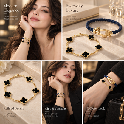 [NOBLE AURA]Force Horseshoe & Clover 5 Motifs Bracelet Stack Set