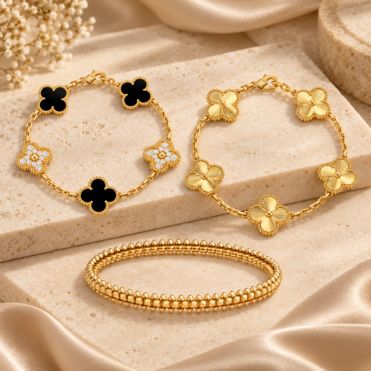 [NOBLE AURA]Clover & Clash Bracelet 3-Piece Stack set