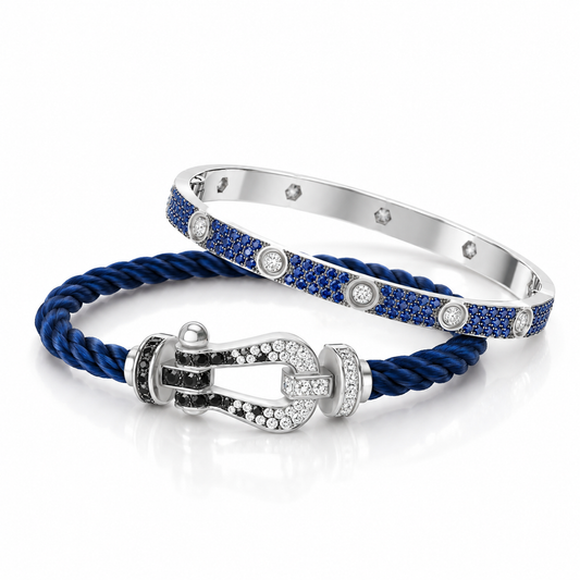 [NOBLE AURA]Pave Gemstone Love &Force Large Horseshoe Diamond Duo Bracelet Stack Set