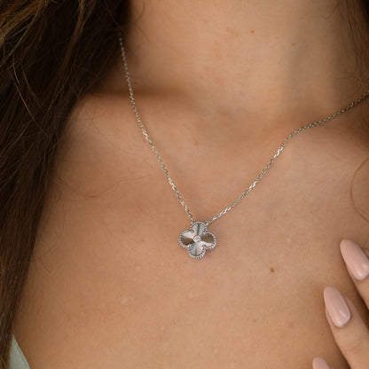 [NOBLE AURA]CLOVER  15MM DIAMOND LASER NECKLACE SILVER